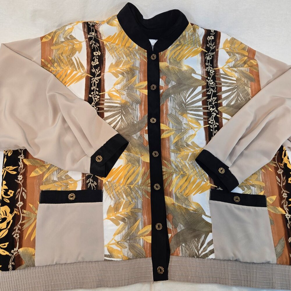 USA Made PETER POPOVITCH Vintage Retro Silky Tan  Floral Bomber Jacket Size X-L. - Picture 7 of 16